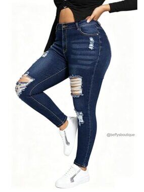 Plus Size High Waisted Stretchy Skinny Jeggings Ripped Distressed